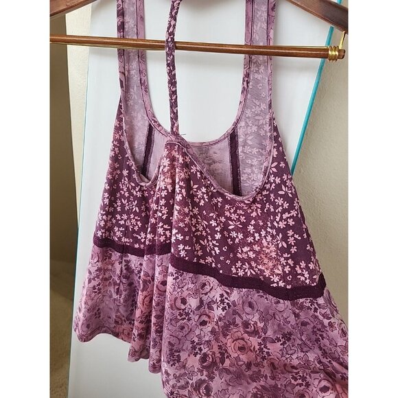 Small Mudd Boho Purples Pink Floral Print Lace Accent Back Sleeveless Tank Top - Picture 12 of 13